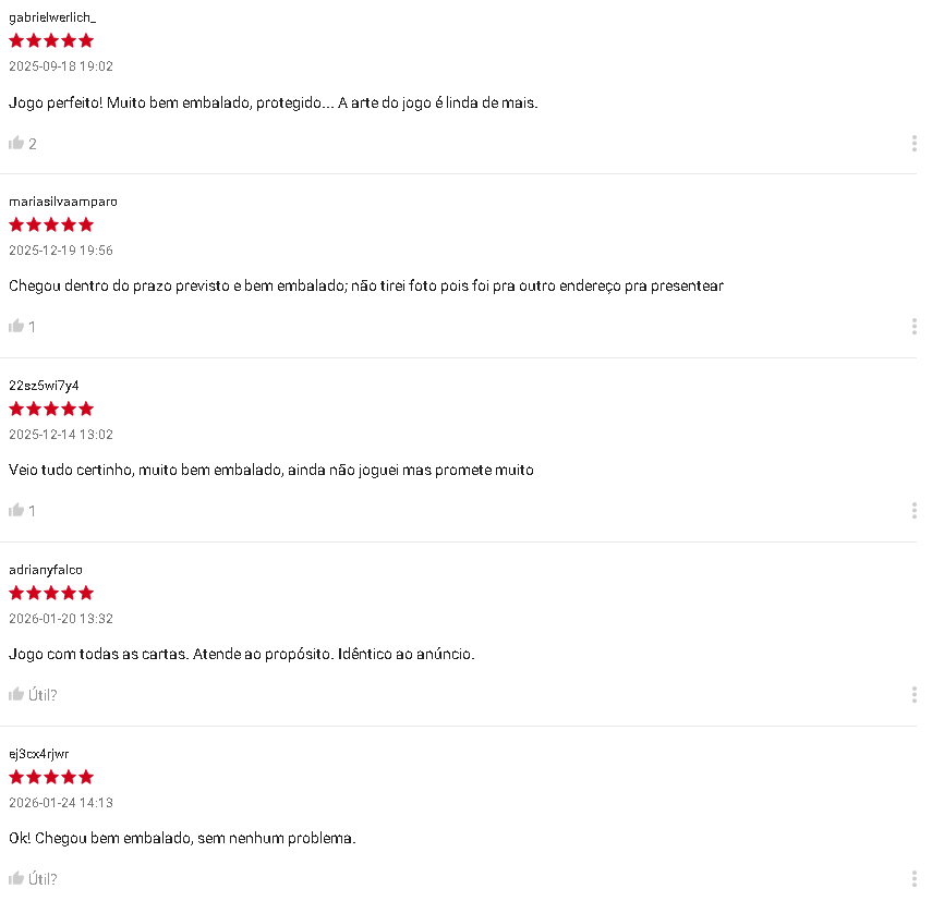 Avaliações reais de compradores de RPG na Shopee Captura de tela exibindo várias avaliações de 5 estrelas de clientes satisfeitos na Shopee, elogiando a entrega rápida e a embalagem segura, ilustrando a confiança de comprar rpg de mesa na plataforma.